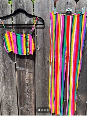 Forever 21 Rainbow Striped Crop Top & Wide Leg Pants Set